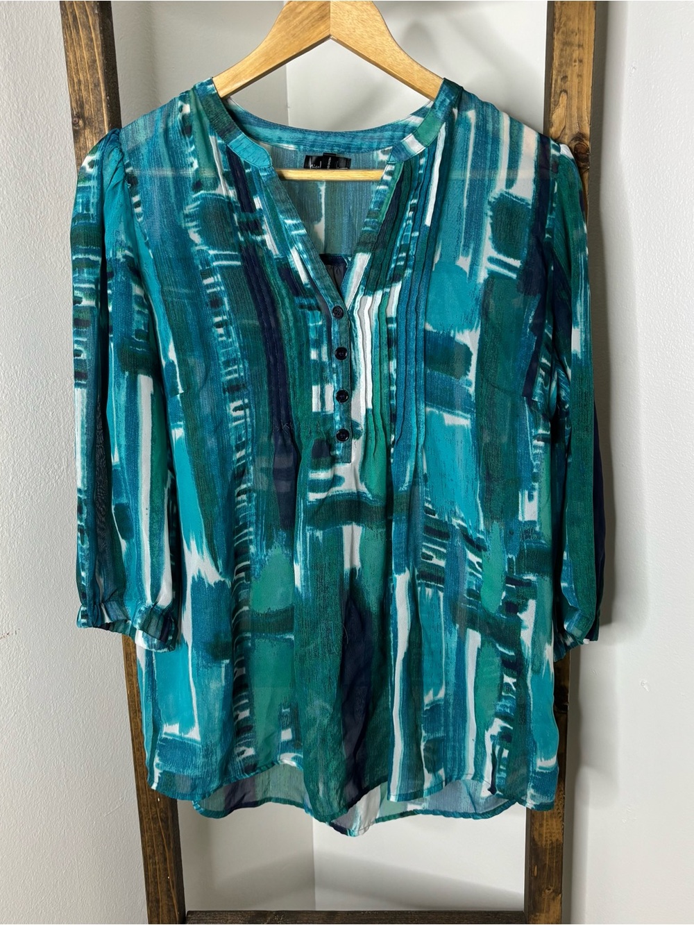 Nicole Miller New York Woven Teal Abstract Button-Front Blouse Size M